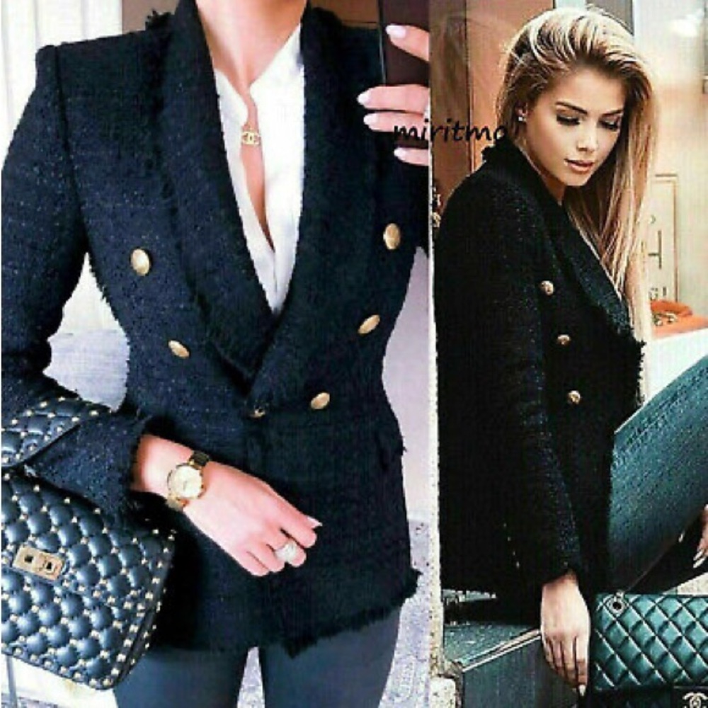 Zara Balmain style tweed blazer. Black with gold buttons. Size small